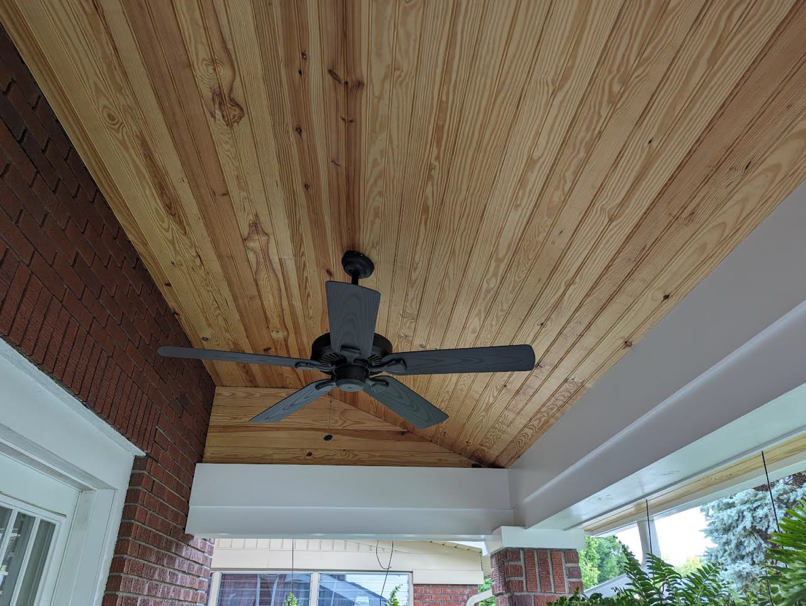 porch remodel wood ceiling fan